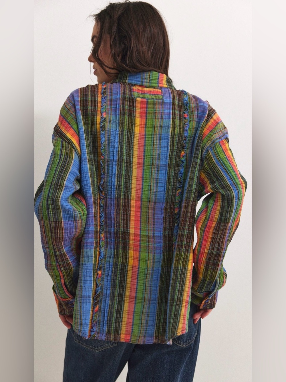 NWT Free People S We the Free Madras Top Blue Combo Button Down Cotton Oversized - Picture 2 of 7